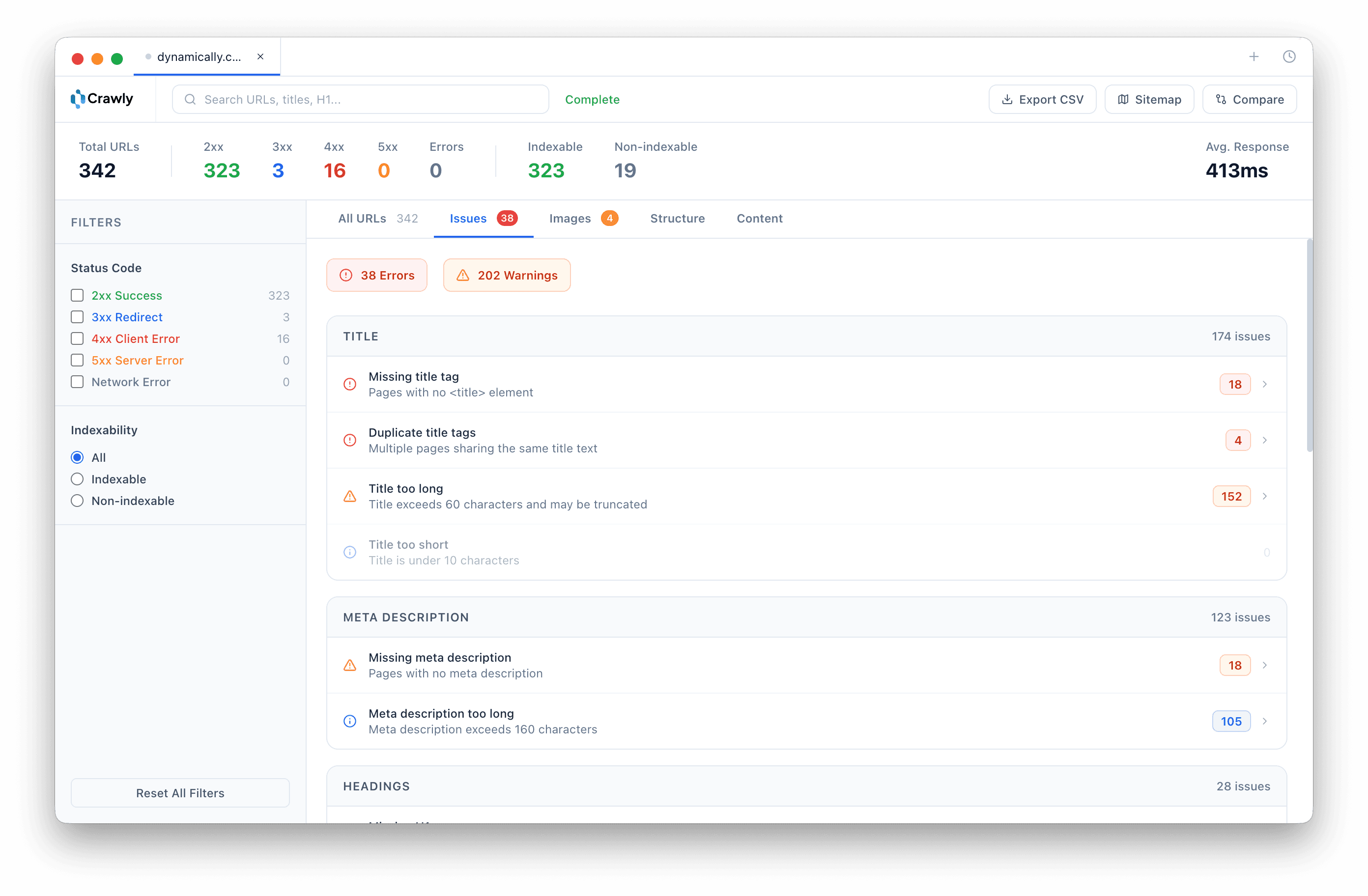 Crawly issues dashboard showing errors and warnings grouped by category