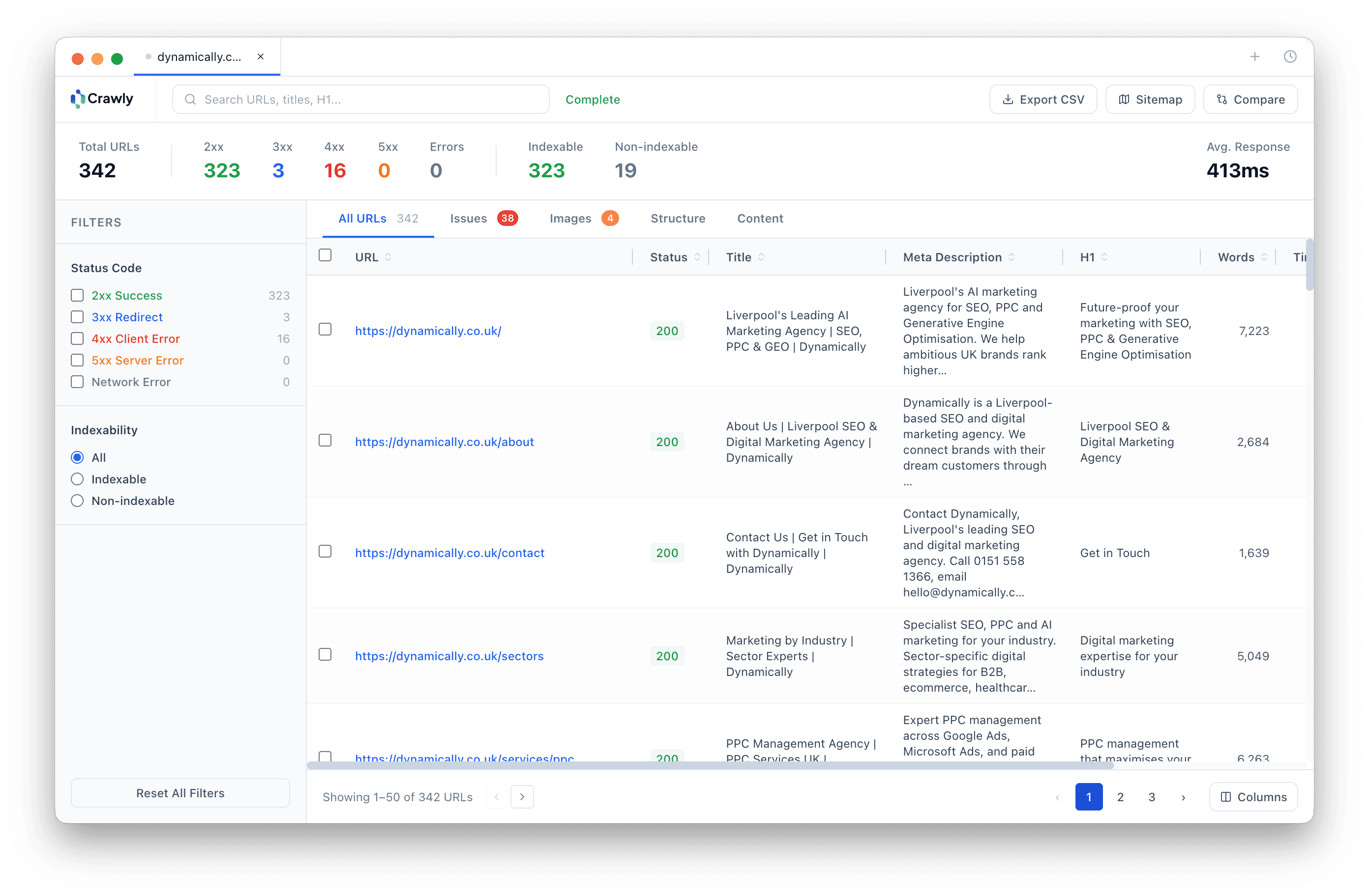 Crawly pages overview showing all crawled URLs with SEO data